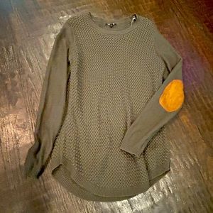 Olive green sweater with tan patch work on elbows